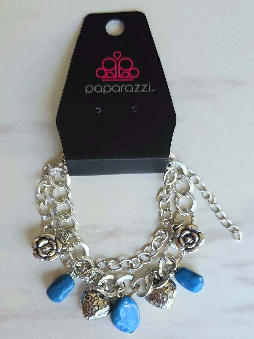 paparazzi Silver-Tone Bracelet with Blue Stone & Heart Charms 8"